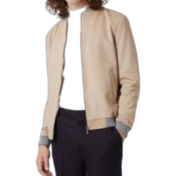 Topman Beige Gray Accents Zip Up Jersey Bomber Jacket Size 44/Large - Picture 2 of 14